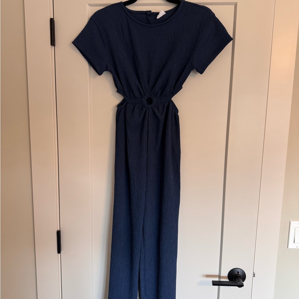 Zara Teen Girl Dark Blue Textured Jumpsuit with waist cut outs